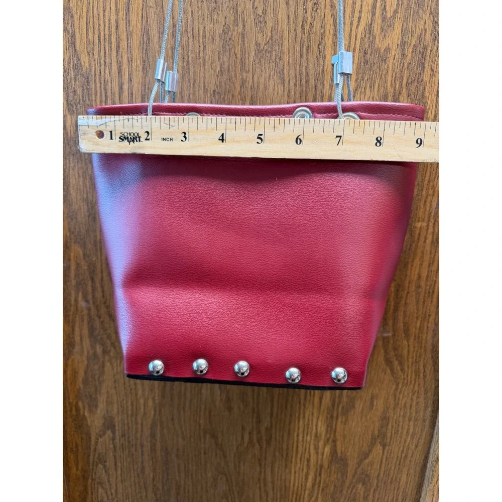 Hardwear by Renee Red Vegan Leather Studded Bucket Bag with Wire Cable Straps